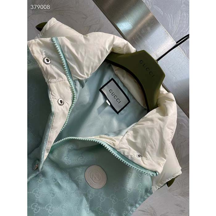 Gucci Women GG Cotton Canvas Padded Gilet Light Blue High Neck Interlocking G Sleeveless