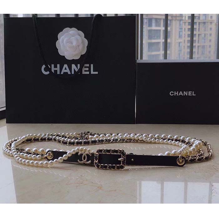 Chanel Women CC Belt Gold Metal Resin Glass Pearls Strass Black Calfskin Leather