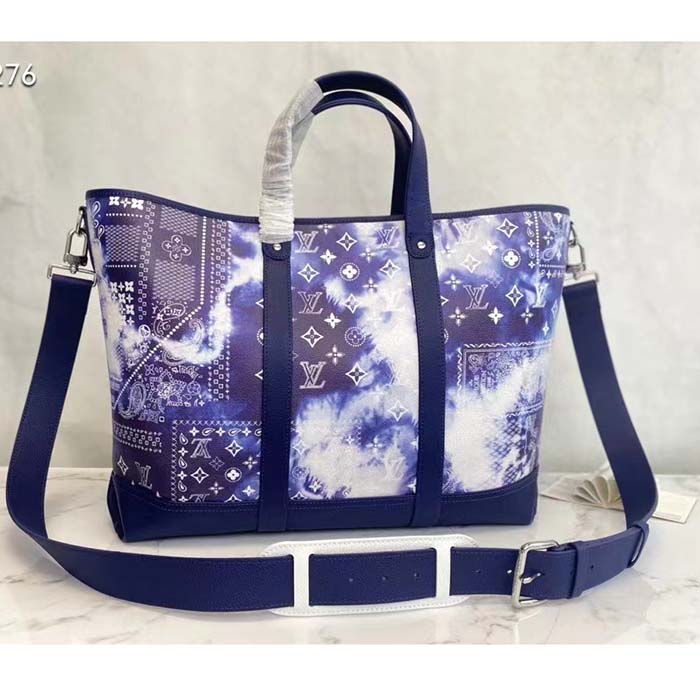 Louis Vuitton LV Unisex Tote Journey Carryall Bag Blue Cowhide Leather Textile Lining