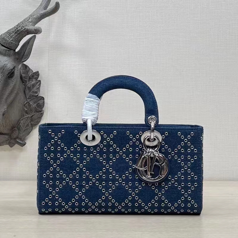 Dior Women CD Medium Lady D-Joy Bag Eyelet Blue Cannage Denim
