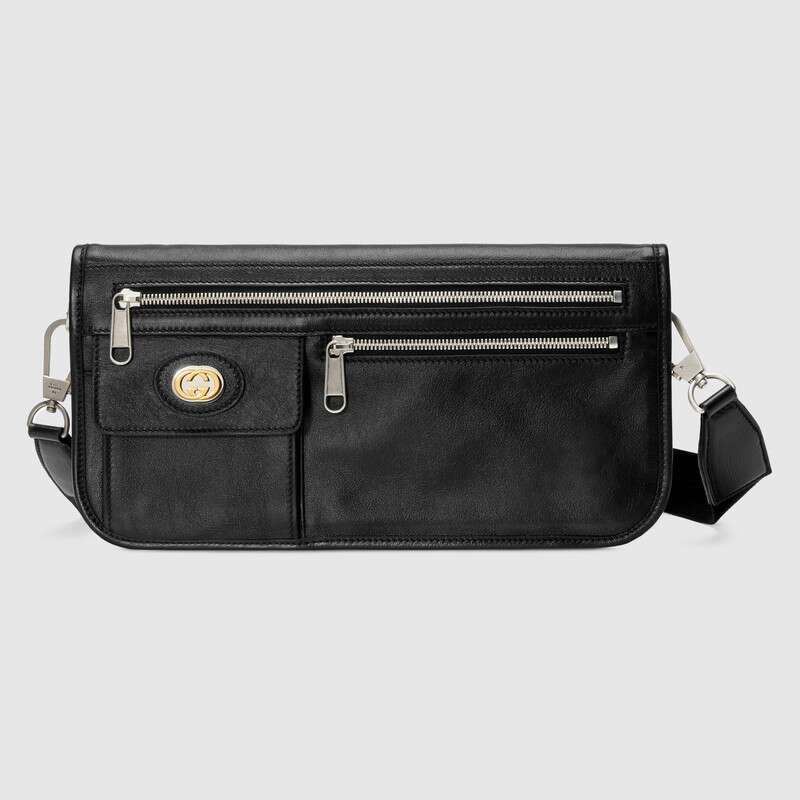 Gucci GG Men Medium Soft Leather Messenger Bag in Soft Black Leather