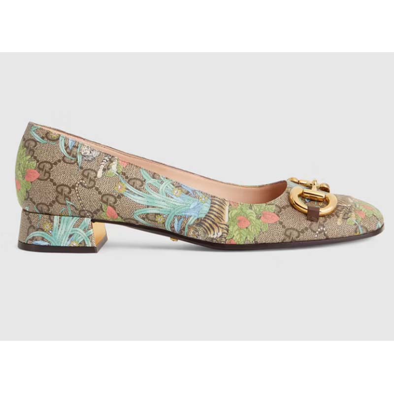 Gucci Women GG Tiger Ballet Flat Horsebit Tiger Flower Beige Ebony Supreme Canvas