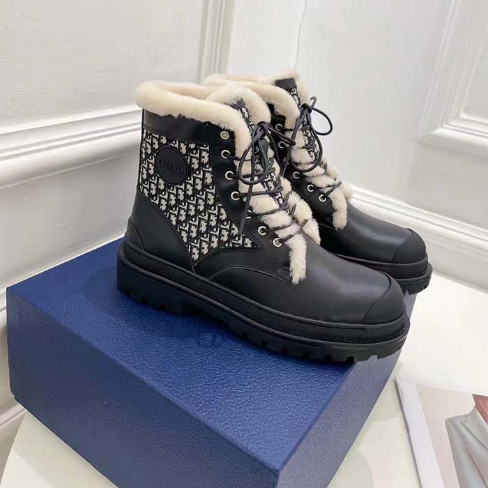 Dior Unisex Dior Explorer Ankle Boot Black Smooth Calfskin Beige Black Oblique Jacquard