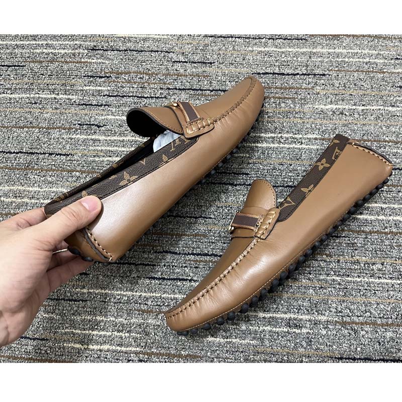 Louis Vuitton LV Men Hockenheim Moccasin Cognac Brown Calf Leather Monogram Canvas