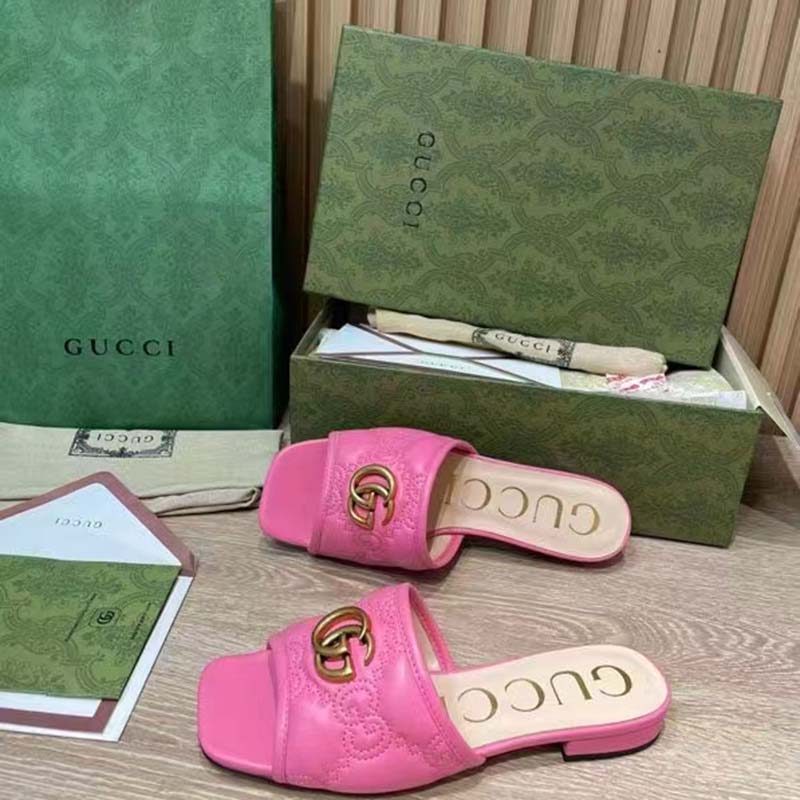 Gucci Women GG Matelassé Slide Sandal Bright Pink Double G Square Toe Flat