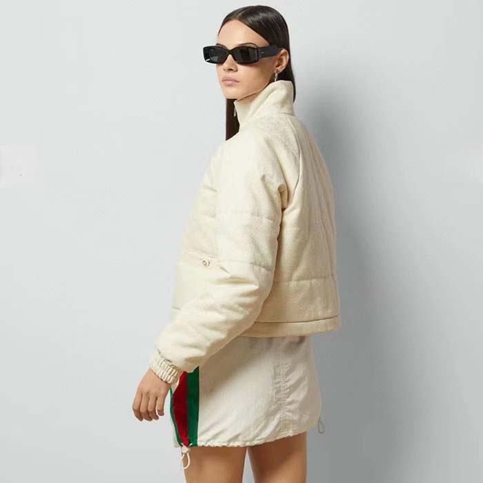 Gucci Women GG Canvas Bomber Jacket Cream Self-Covered Buttons Interlocking G Lined High Neck