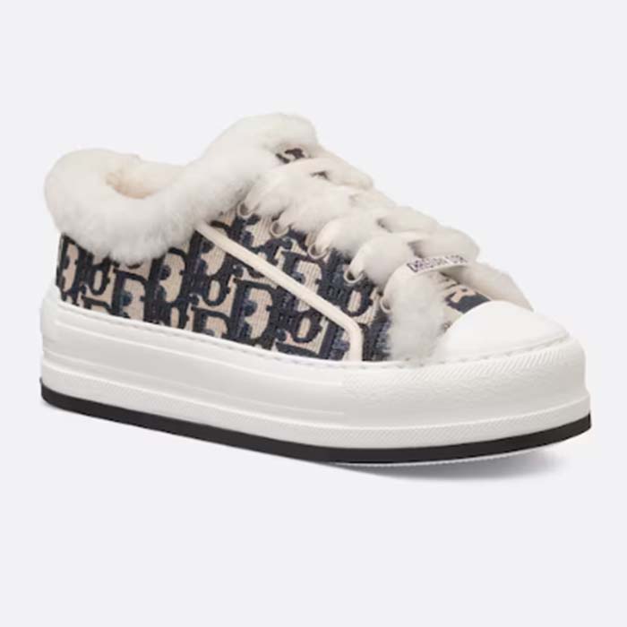 Dior Unisex Shoes CD Walk’N’Dior Platform Sneaker Deep Blue Oblique Embroidered Cotton White Shearling