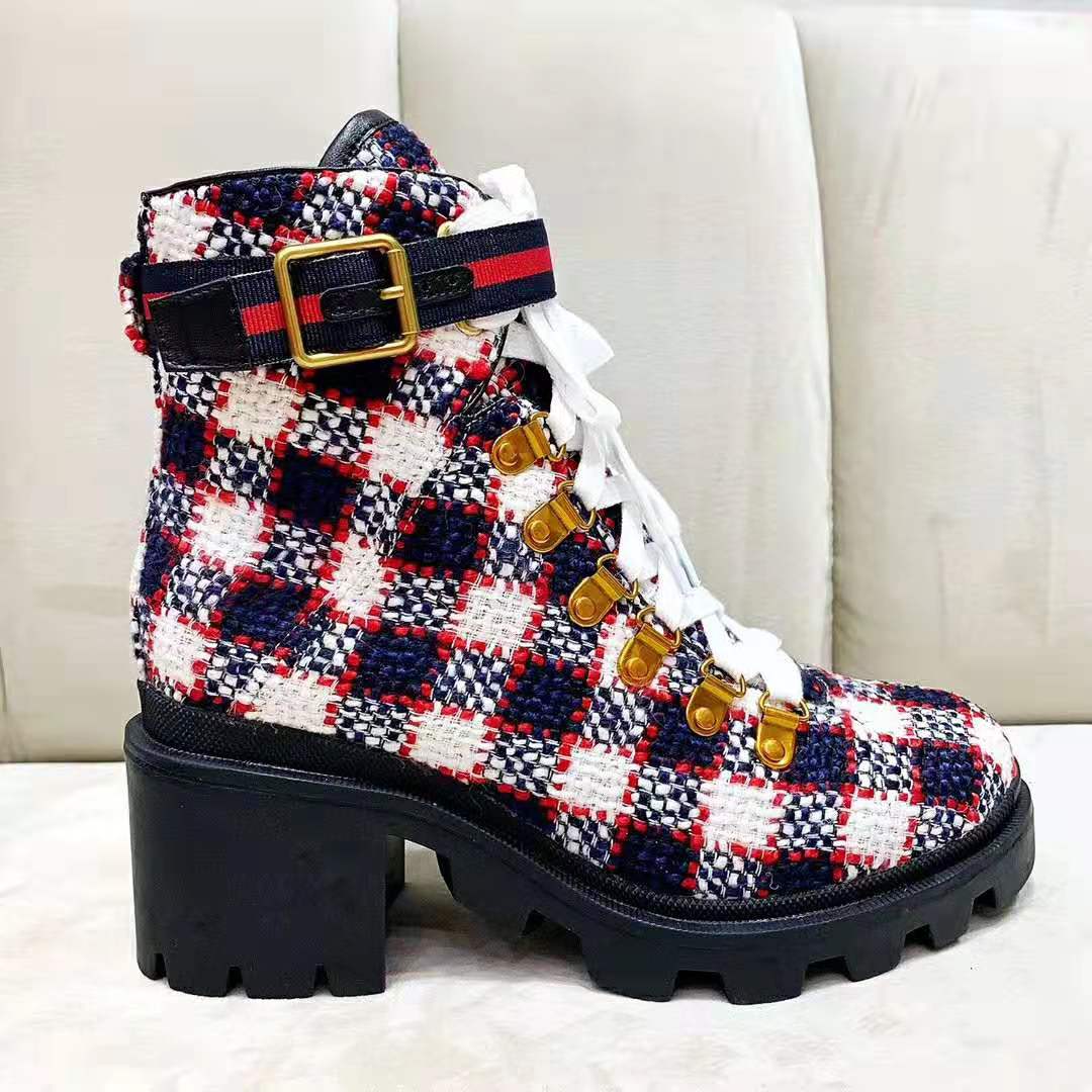 Gucci Women Gucci Zumi GG Check Tweed Ankle Boot in Blue White and Red