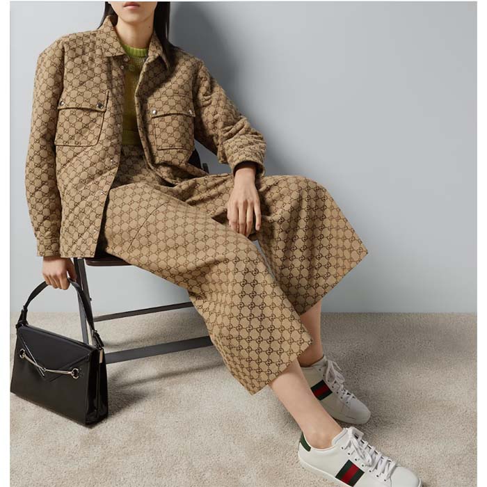 Gucci Women GG Canvas Print Camel Ebony Belt Loops Wide Leg Cropped Length