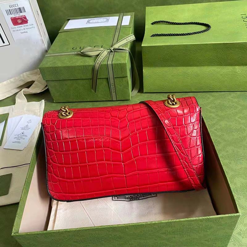 Gucci Women GG Marmont Crocodile Small Shoulder Bag Red Double G