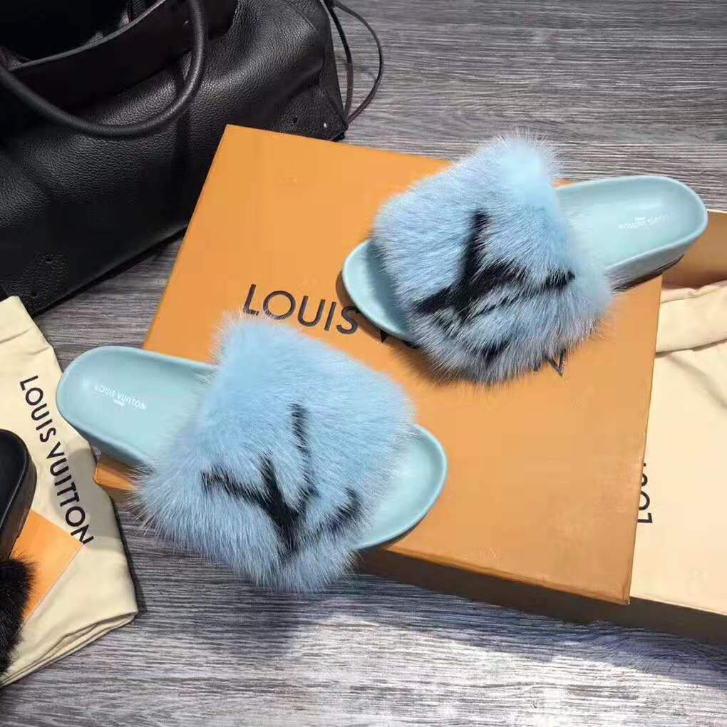Louis Vuitton LV Women Furry Sandals in Mink Hair Leather-Blue