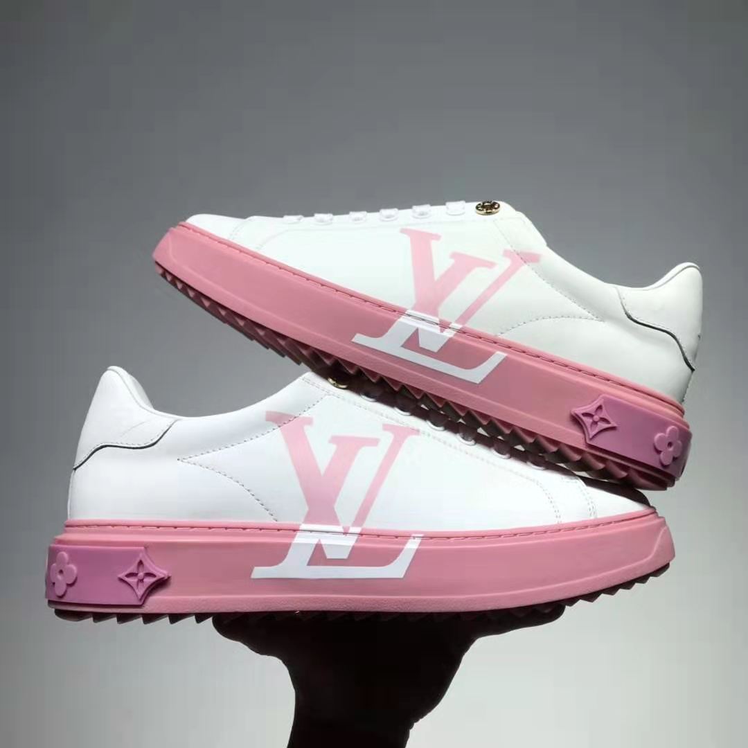 Louis Vuitton LV Unisex Time Out Sneaker Printed Calf Leather 3-D Monogram Flowers-Pink