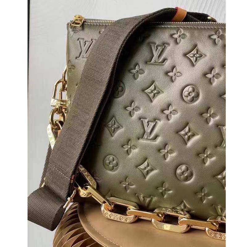 Louis Vuitton LV Women Coussin MM Handbag Khaki Monogram Embossed Puffy Lambskin