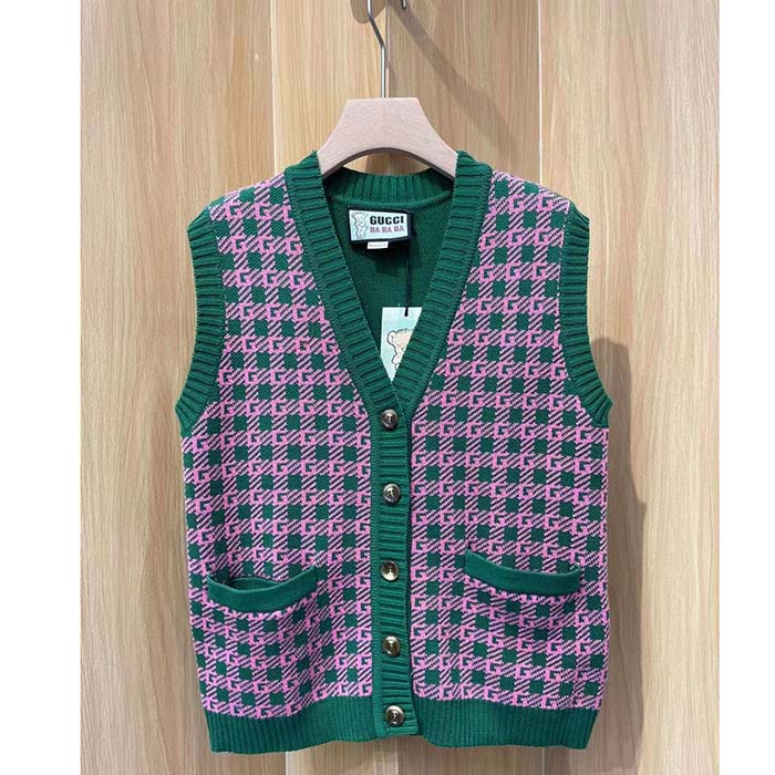 Gucci Women GG HA HA HA Square G Vest Green Pink Wool Jacquard V-Neck Sleeveless