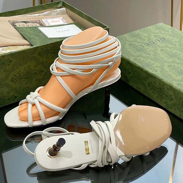 Gucci Women GG Strappy Sandal Bamboo White Leather Bamboo Low Heel