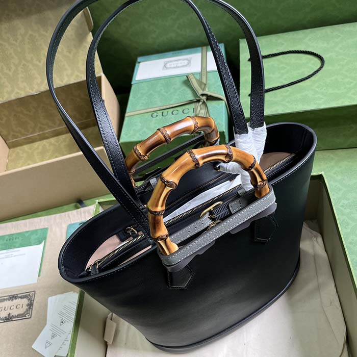 Gucci Women Diana Medium Tote Bag Double G Black Leather Bamboo Handles