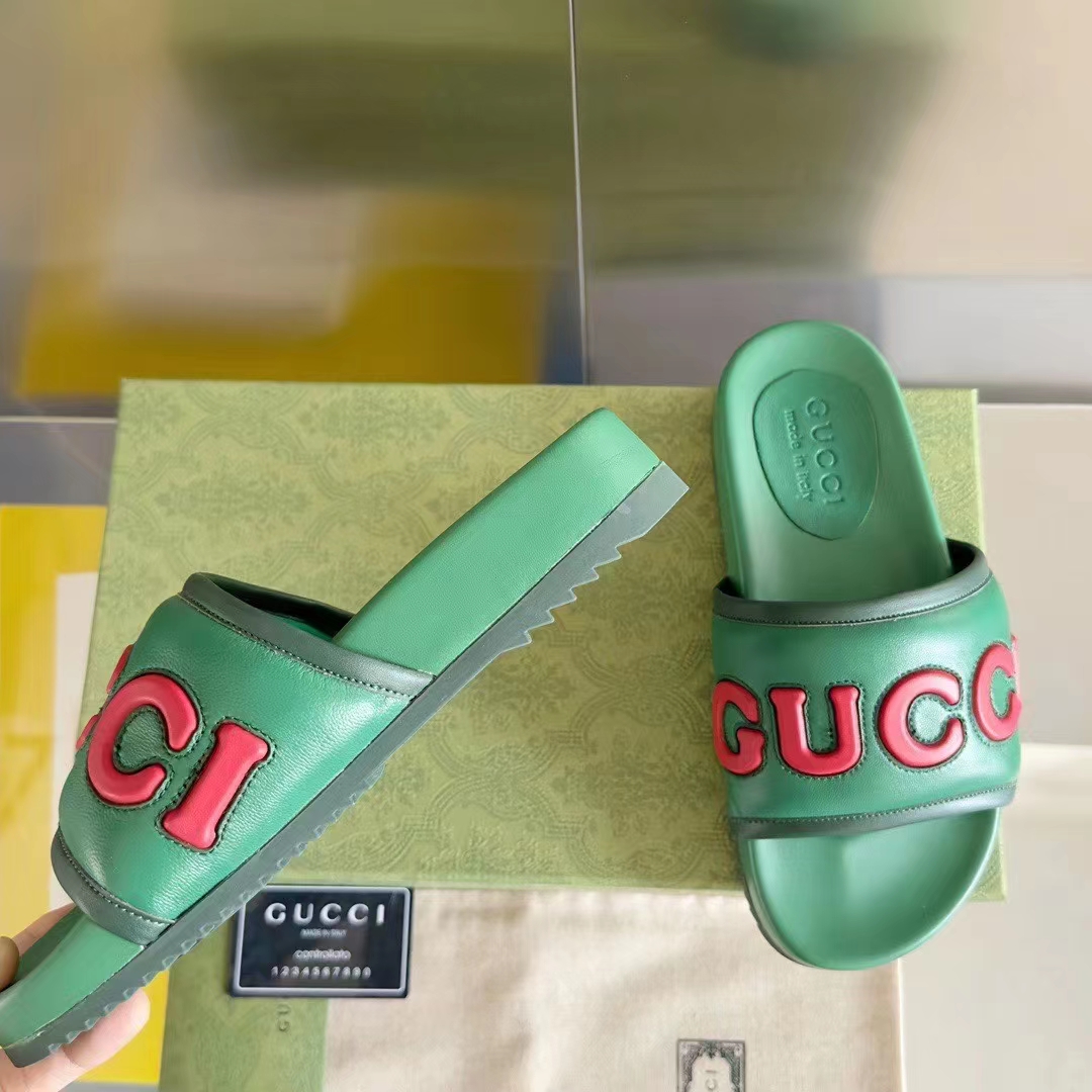 Gucci Unisex GG Slide Sandal Green Red Leather Script Rubber Flat 1 CM Heel