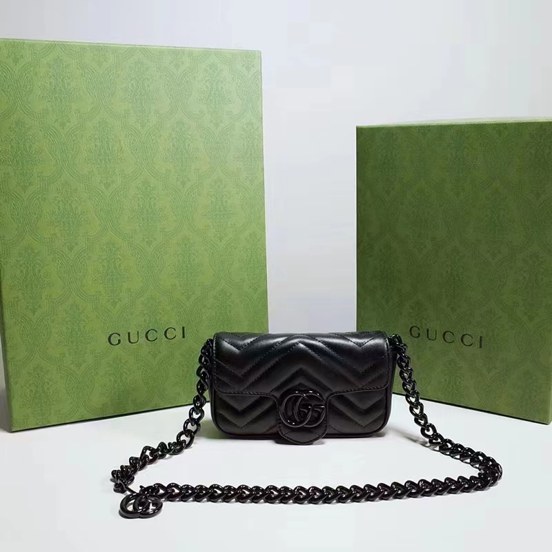Gucci Women GG Marmont Belt Bag Black Chevron Matelassé Leather Double G