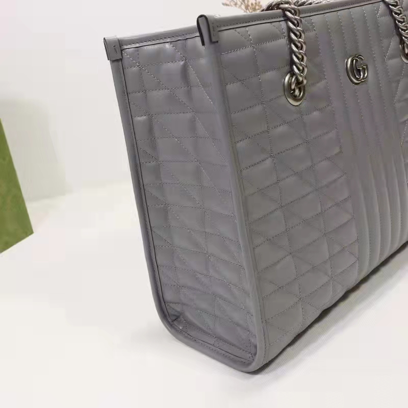 Gucci Unisex GG Marmont Medium Tote Bag Grey Matelassé Leather Double G