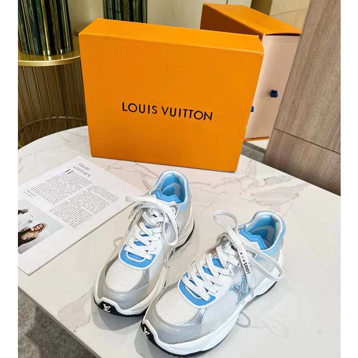 Louis Vuitton LV Unisex Run 55 Sneaker Denim Blue Mix Materials Lifted Rubber Outsole