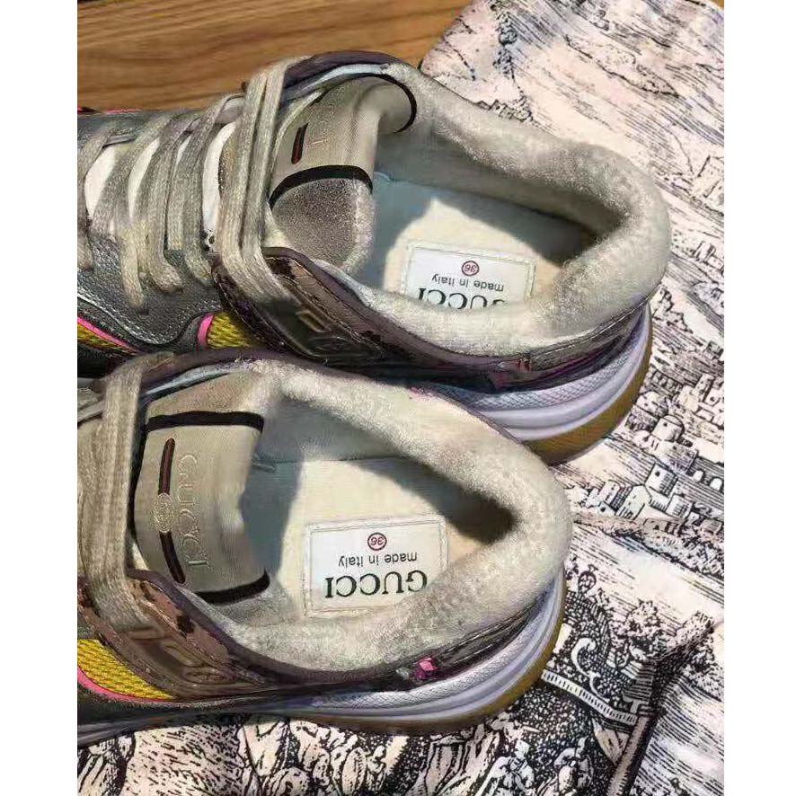 Gucci Unisex Ultrapace Sneaker with Embroidered Gucci and Interlocking G in Metallic Leather-Pink