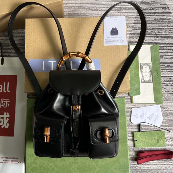 Gucci Unisex GG Bamboo Small Backpack Black Leather Bamboo Handle