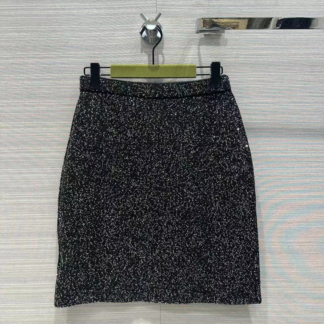 Gucci Women GG Viscose Knit Skirt Blend Sequin Embroidery Black Silver A-Line Zip Closure