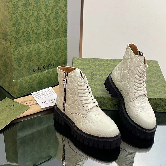 Gucci Unisex GG Leather Boots White Rubber Lug Sole Lace-Up Interlocking G Flats