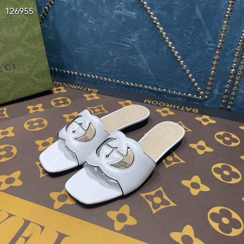 Gucci Unisex Interlocking G Cut-Out Slide Sandals White Leather Flat 1 cm Heel