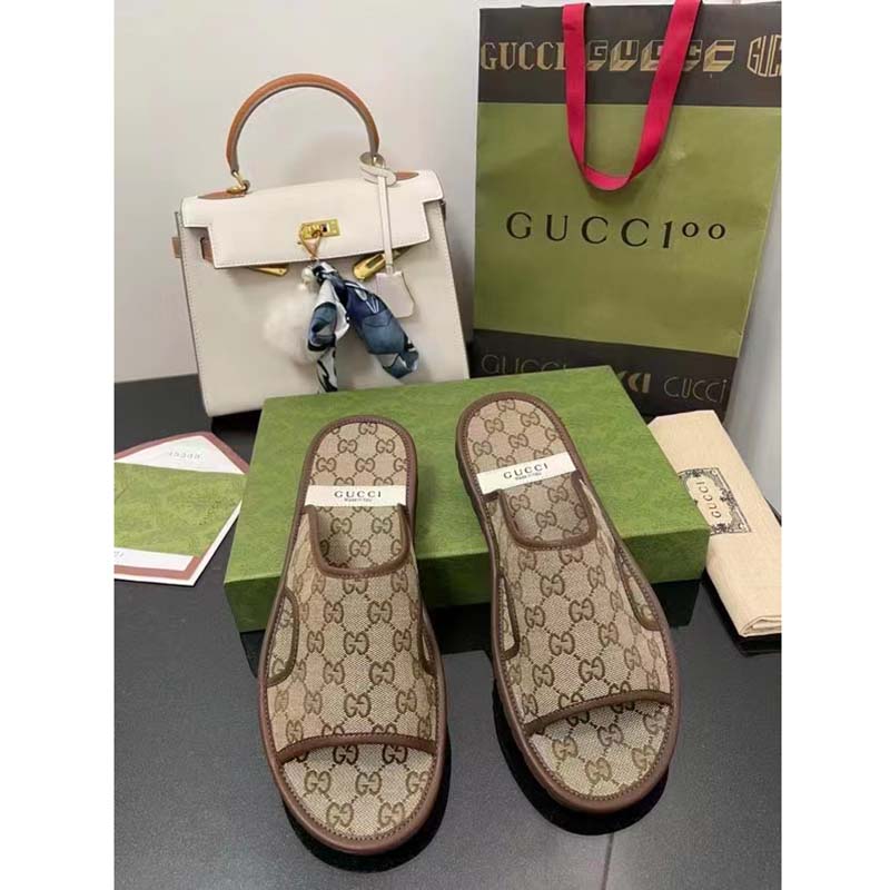 Gucci Unisex GG Supreme Slide Sandal Beige Ebony Canvas Rubber Flat 1 Cm Heel