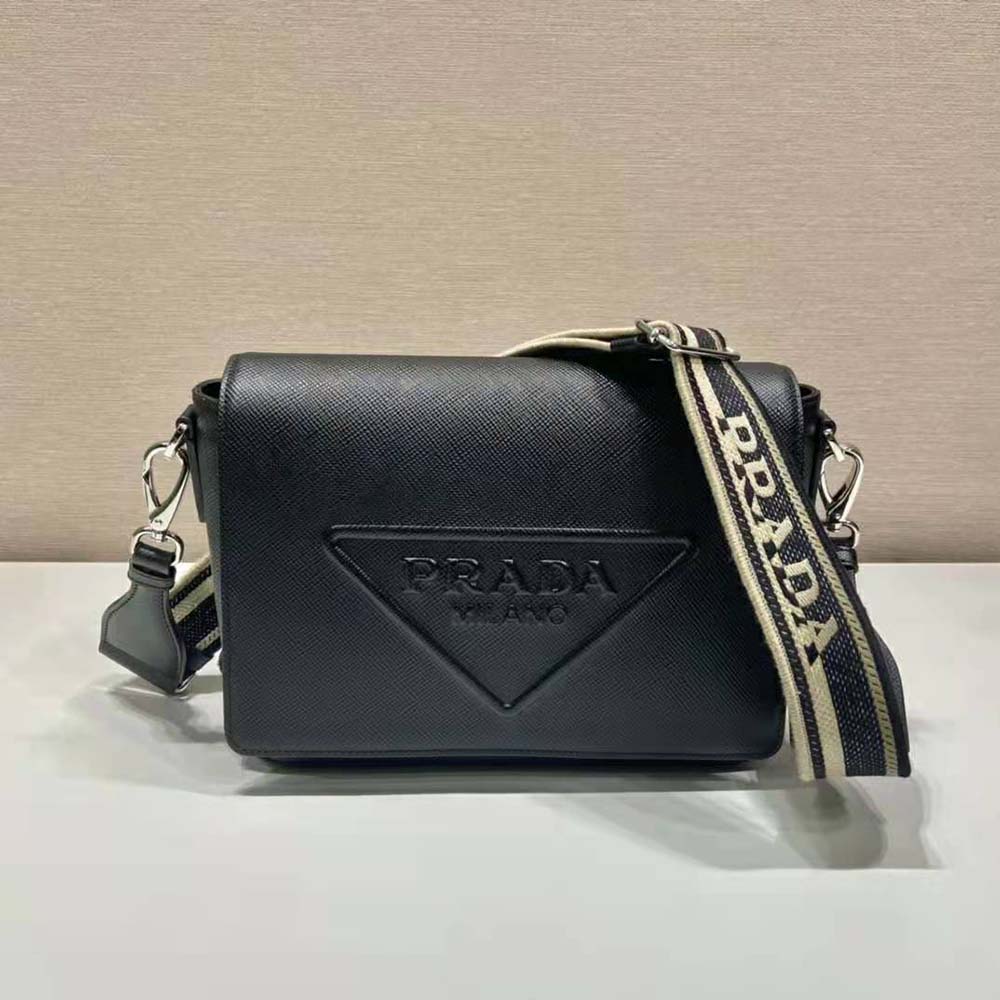 Prada Women Saffiano Leather Shoulder Bag with Sleek-Black