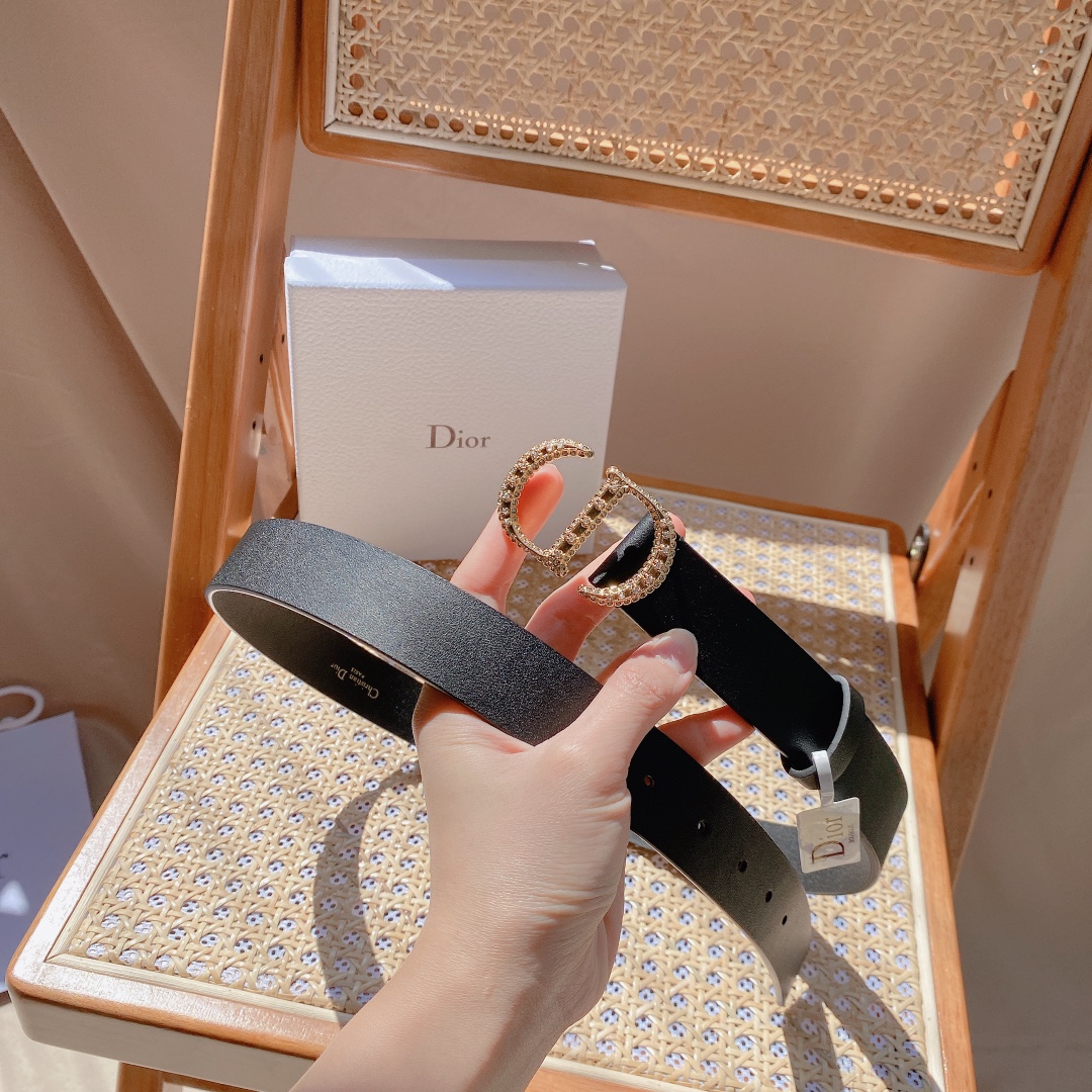 Dior Unisex CD 30 Montaigne Crystals Belt Black Smooth Calfskin Silver-Tone 27 MM Width