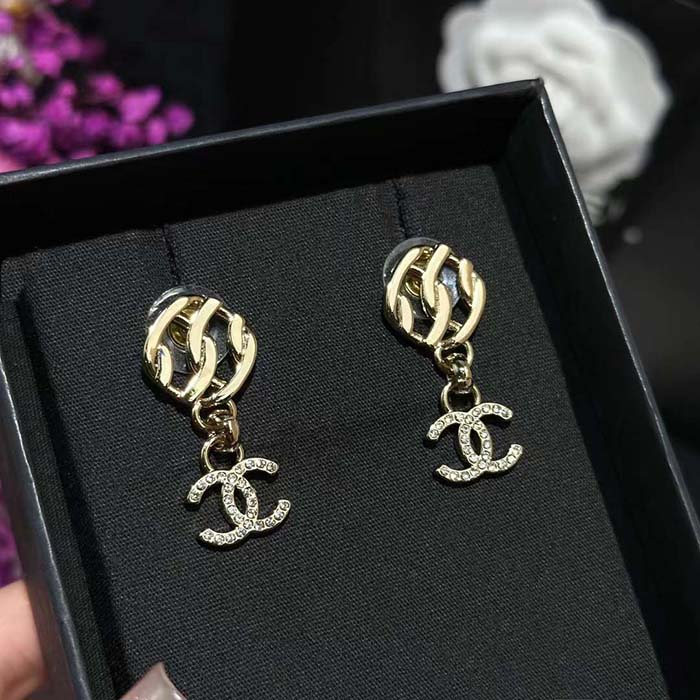 Chanel Women CC Pendant Earrings Metal Resin Strass Gold White Crystal