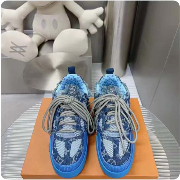 Louis Vuitton Unisex LV Skate Sneaker Blue Swarovski Crystals Monogram Denim Double Laces Rubber