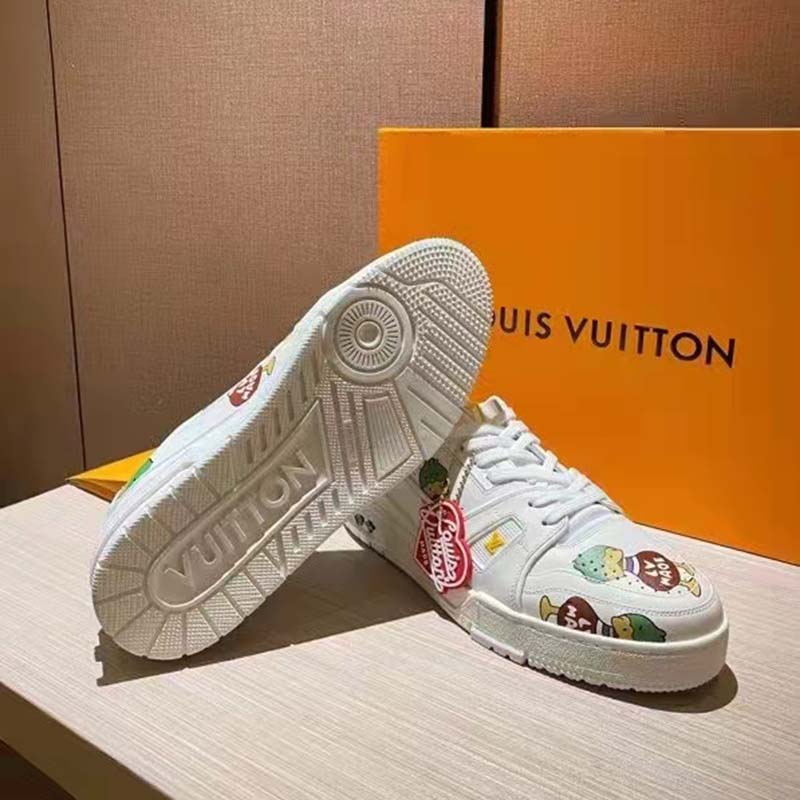Louis Vuitton Unisex LV Trainer Sneaker White Printed Calf Leather Rubber Outsole