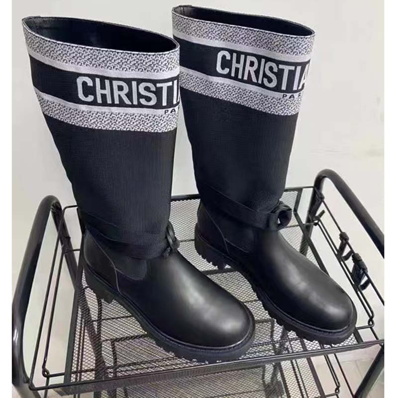 Dior Unisex CD Shoes D-Major Boot Black White Technical Fabric Black Calfskin