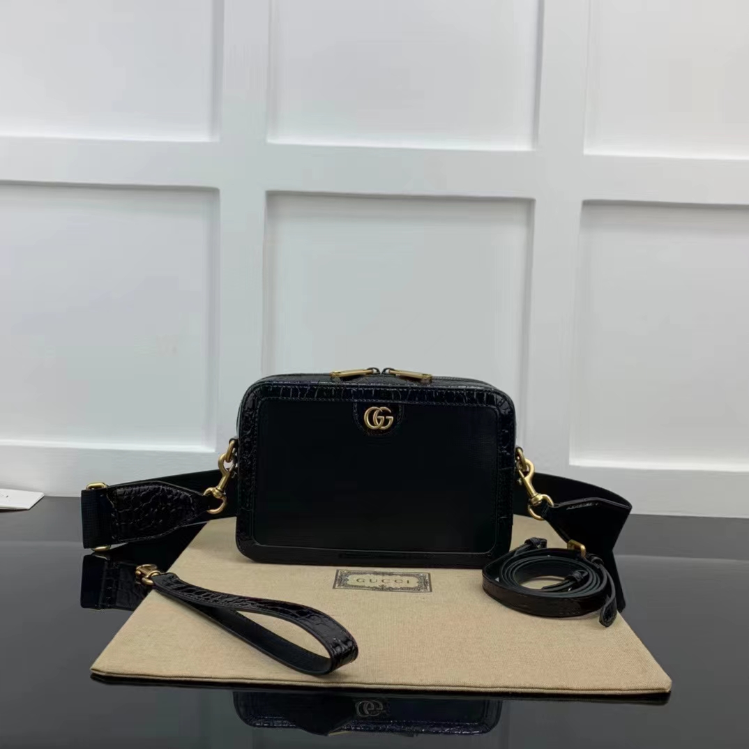 Gucci Unisex GG Python Shoulder Bag Double G Black Leather Crocodile