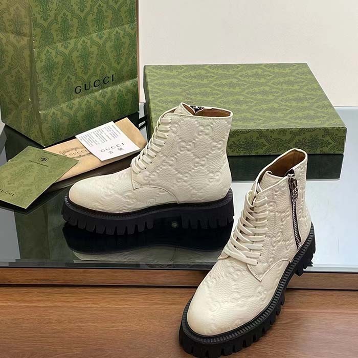 Gucci Unisex GG Leather Boots White Rubber Lug Sole Lace-Up Interlocking G Flats