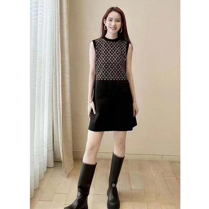 Louis Vuitton Women LV Monogram Jacquard Knit Dress Silk Polyamide Elastane Black Brown