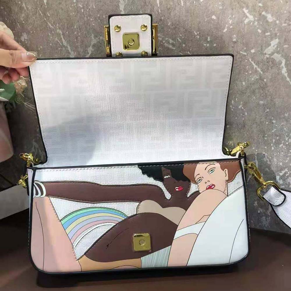 Fendi Women Baguette FF White Glazed Fabric Bag with Inlay
