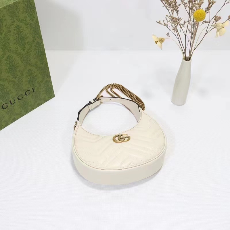 Gucci Women GG Marmont Half-Moon-Shaped Mini Bag White Matelassé Chevron