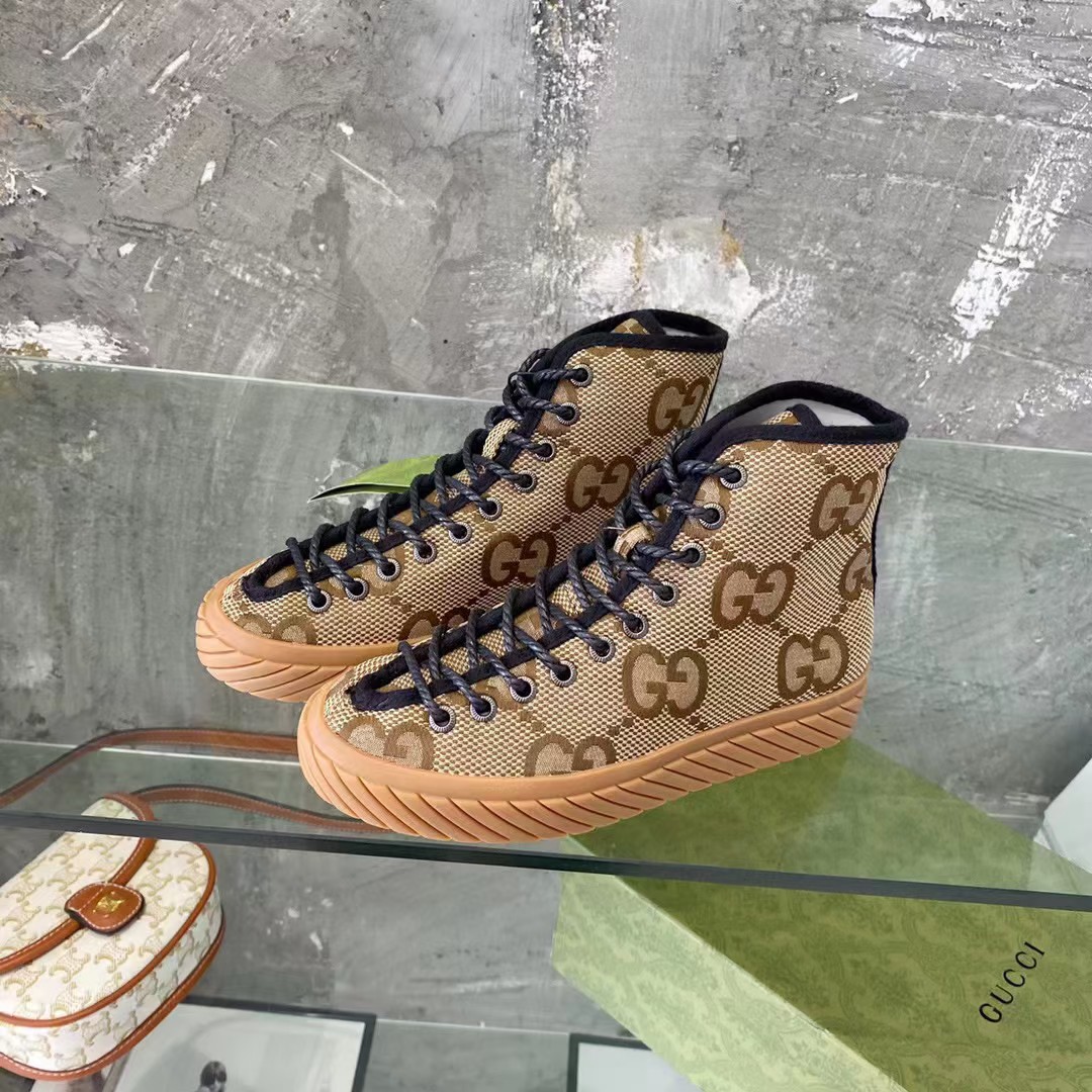 Gucci Unisex High-Top Maxi GG Sneaker Camel Ebony Canvas Low 3 Cm Heel