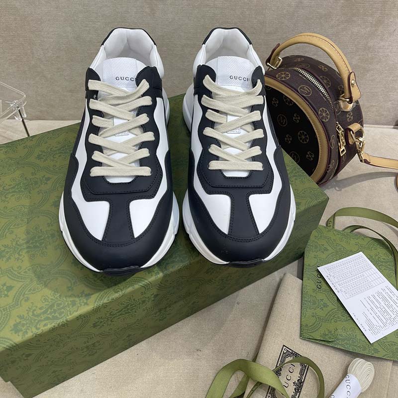 Gucci Unisex GG Rhyton Sneaker Black White Leather Rubber Sole 5 Cm Low Heel