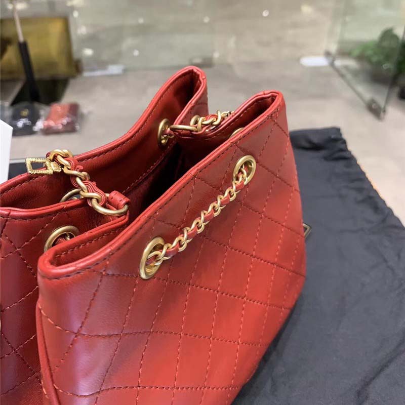 Chanel Women Drawstring Bag in Calfskin Leather-Maroon