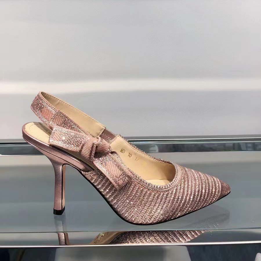 Dior Women CD J’Adior Slingback Pump Gold-Tone Cotton Embroidered Metallic Thread Strass
