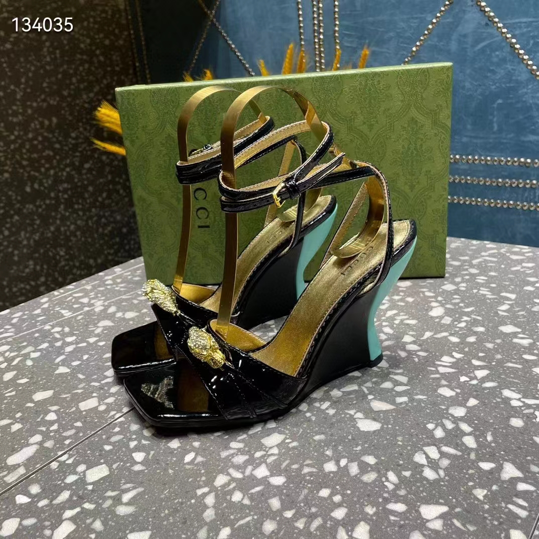 Gucci Women GG High-Heel Sandal Hardware Black Patent Leather Square Toe Geometric-Shaped Heel