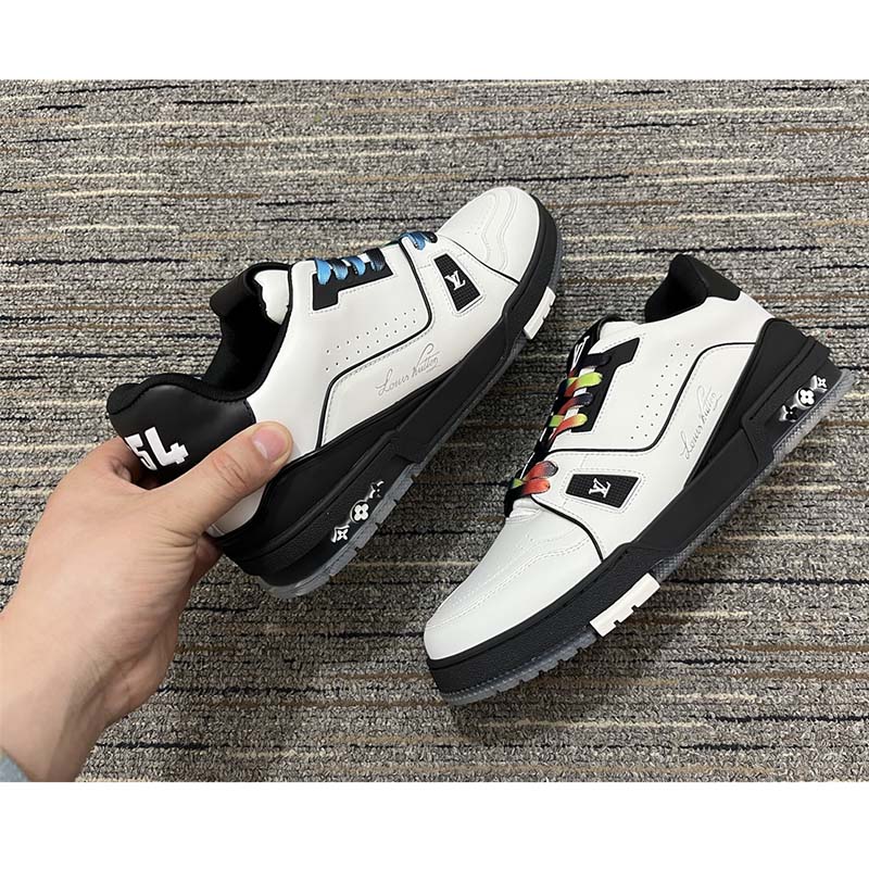 Louis Vuitton Unisex LV Trainer Sneaker White Calf Leather Rubber Monogram Flowers