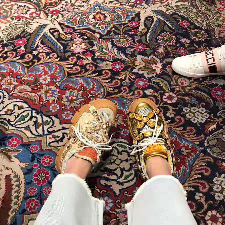 Gucci Women Flashtrek Sneaker with Removable Crystals 5.6cm Height-Gold