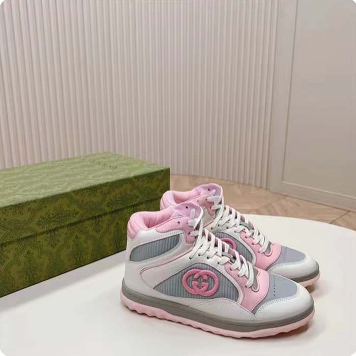 Gucci Unisex Mac80 High Top Sneaker Off White Pink Leather Round Toe Rubber Sole Flat