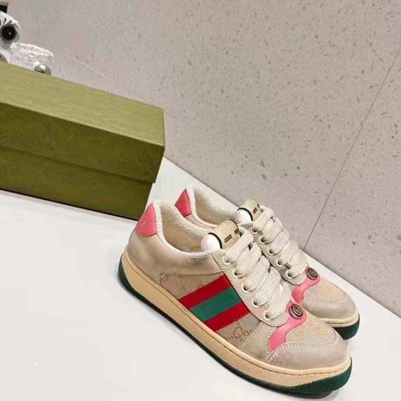 Gucci Unisex Screener Leather Sneaker GG Canvas Green Orange Web 3cm Heel